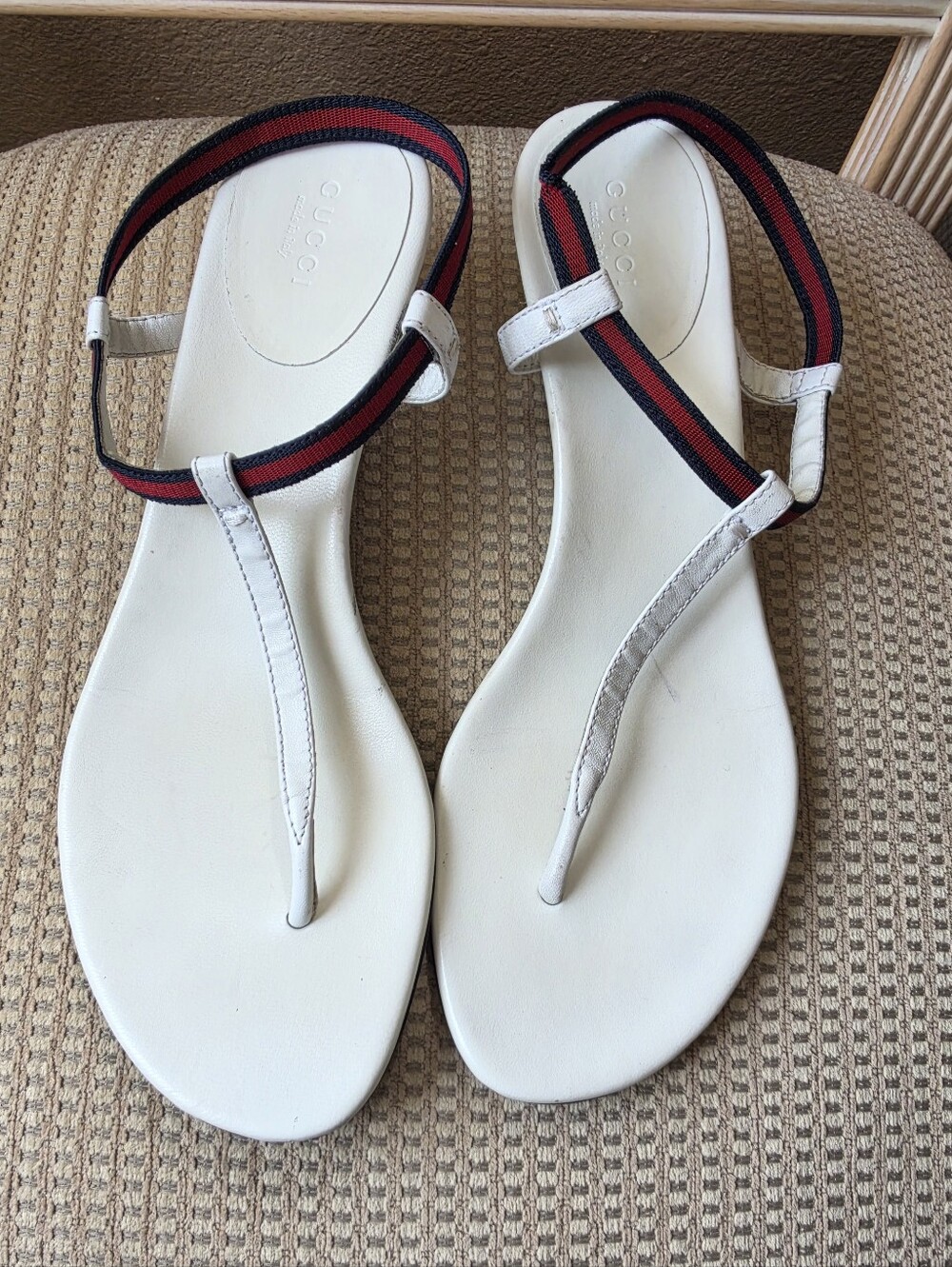 Gucci White Thong Sandals with Red and Black Stripe Ankle Strap - Women